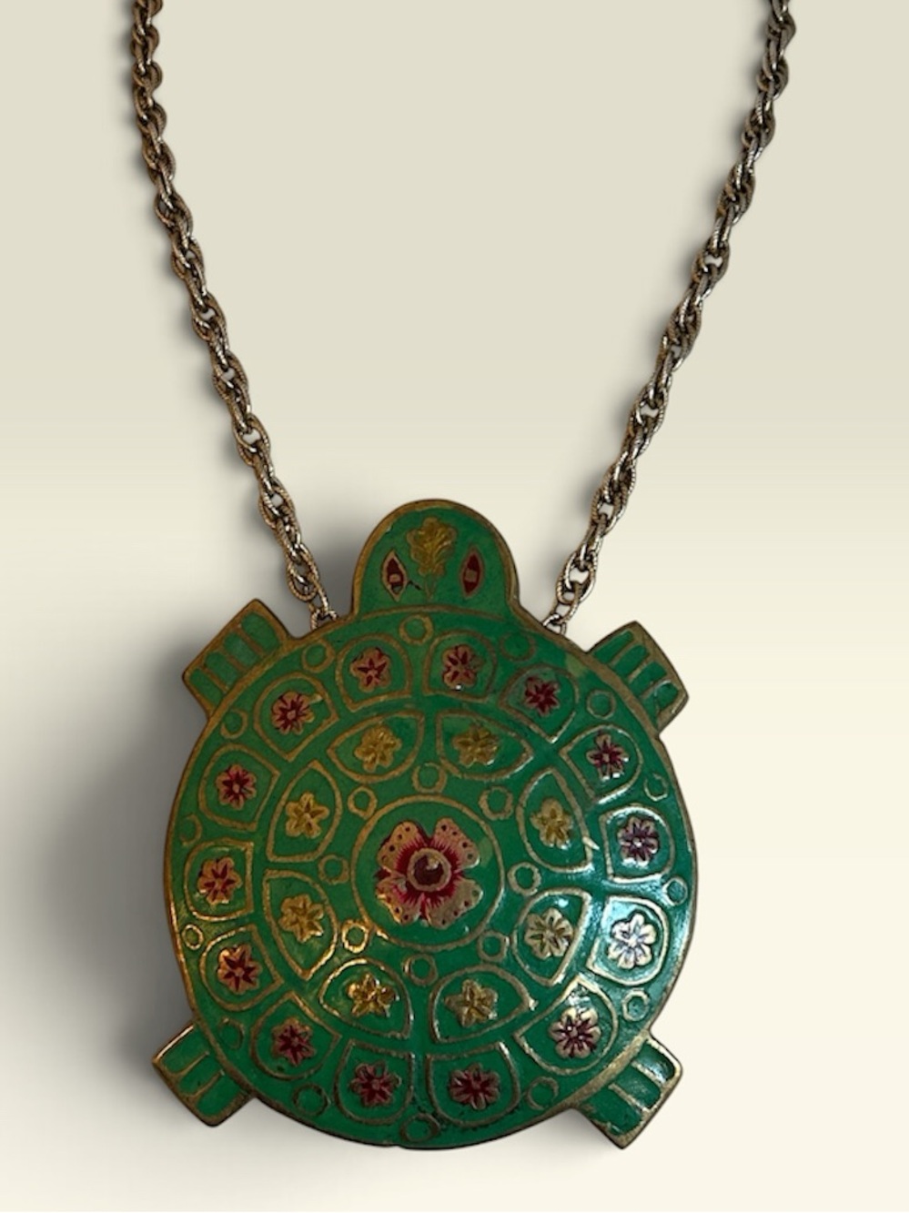 Vintage BOHO Lee Bernay Green Turtle Golden Hands Necklace Brass Pendant 1970's